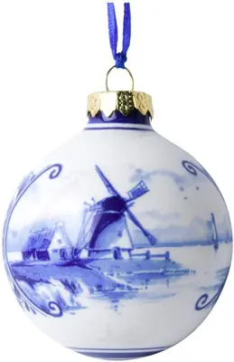 Heinen Delfts Blauw keramieken kerstbal landschap 7cm delfts blauw