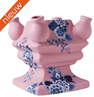 Heinen Delfts Blauw modulaire vaas keramiek bloem bodem 15x15x17cm roze