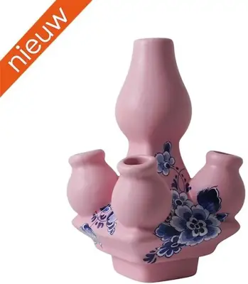Heinen Delfts Blauw modulaire vaas keramiek bloem top 9x9x15cm roze