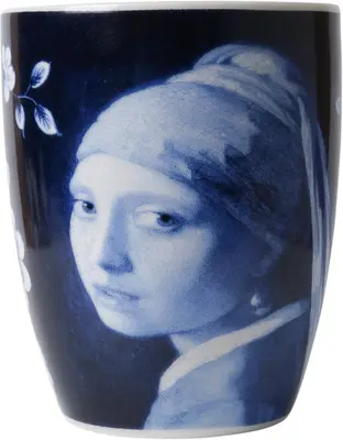 Heinen Delfts Blauw mok keramiek meisje met de parel 8.5x9.5cm delfts blauw 