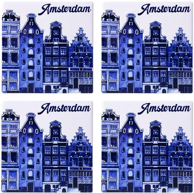 Heinen Delfts Blauw onderzetter keramiek amsterdam 10x10x0.5cm delfts blauw 4 stuks