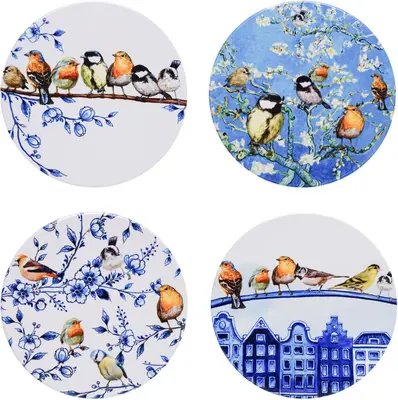 Heinen Delfts Blauw onderzetter keramiek bosvogels 10x0.5cm delfts blauw 4 stuks