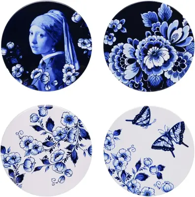Heinen Delfts Blauw onderzetter keramiek dag & nacht 10x0.5cm delfts blauw 4 stuks