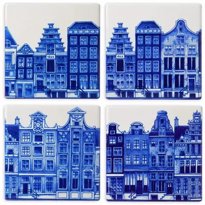 Heinen Delfts Blauw onderzetter keramiek grachtenpanden 10x0.5cm delfts blauw 4 stuks