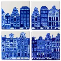 Heinen Delfts Blauw onderzetter keramiek grachtenpanden 10x10x0.5cm delfts blauw 4 stuks
