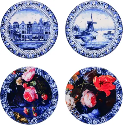 Heinen Delfts Blauw onderzetter keramiek hollandse schilderijen 10x0.5cm delfts blauw 4 stuks