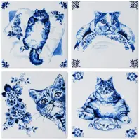 Heinen Delfts Blauw onderzetter keramiek luie kat 10x10x0.5cm delfts blauw 4 stuks kopen?
