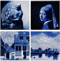 Heinen Delfts Blauw onderzetter keramiek vermeer 10x10x0.5cm delfts blauw 4 stuks