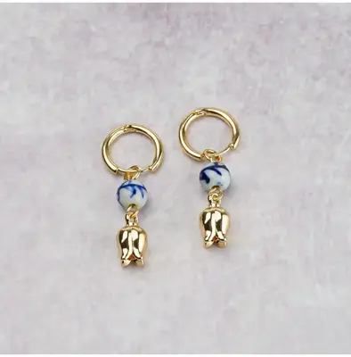 Heinen Delfts Blauw oorbellen tulp goud 