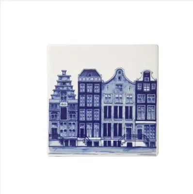 Heinen Delfts Blauw tegeltje keramiek grachtenpanden 13x13cm delfts blauw
