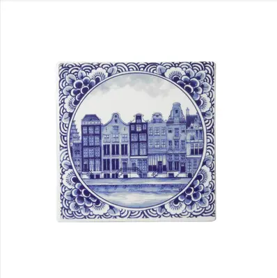 Heinen Delfts Blauw tegeltje keramiek grachtenpanden 13x13cm delfts blauw