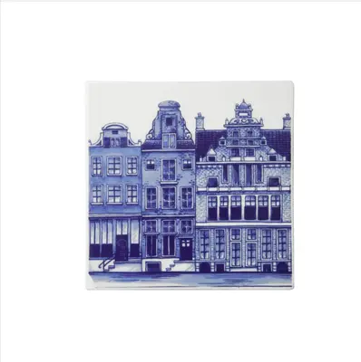 Heinen Delfts Blauw tegeltje keramiek grachtenpanden 13x13cm delfts blauw