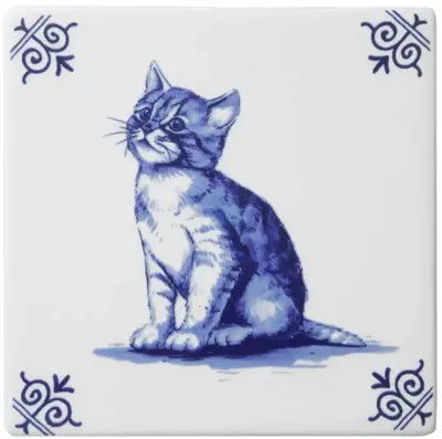 Heinen Delfts Blauw tegeltje keramiek poes 13x13cm delfts blauw