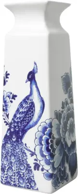 Heinen Delfts Blauw vaas keramiek bloem en pauw 5.5x5.5x16cm delfts blauw