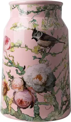 Heinen Delfts Blauw vaas melkbus keramiek bosvogels 19x30cm roze
