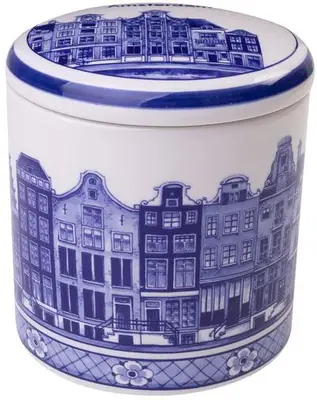 Heinen Delfts Blauw voorraadpot keramiek grachtenpanden 11x13cm delfts blauw 