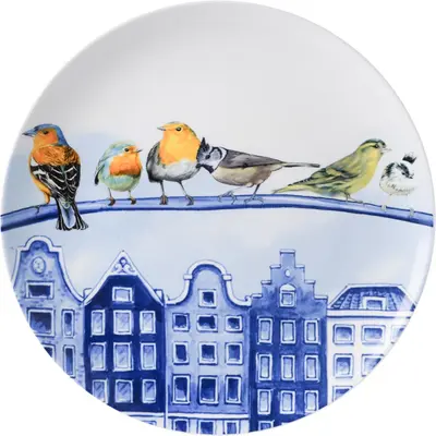Heinen Delfts Blauw wandbord keramiek bosvogels in de stad 26.5cm delfts blauw