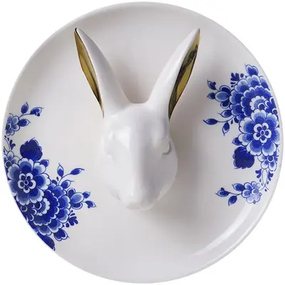 Heinen Delfts Blauw wandbord keramiek konijn 20cm delfts blauw, goud 