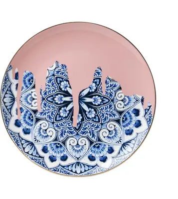 Heinen Delfts Blauw wandbord keramiek mandala roze 26.5cm delfts blauw