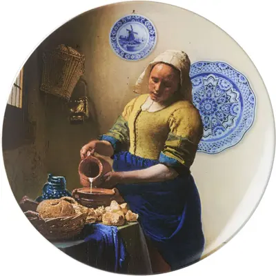 Heinen Delfts Blauw wandbord keramiek melkmeisje met borden 42cm delfts blauw