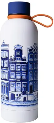 Heinen Delfts Blauw waterfles metaal grachtenpanden 7x22cm delfts blauw