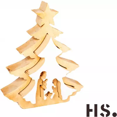 Home Society kerstfiguur hout kerstboom met heilige familie 3.5x16.5x21cm bruin