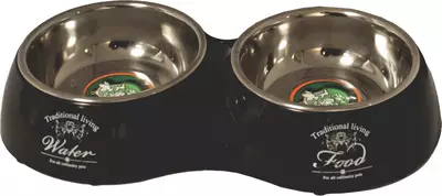 Hondenbak dubbel plastic/RVS 'Water/Food' zwart, 27 cm - afbeelding 1