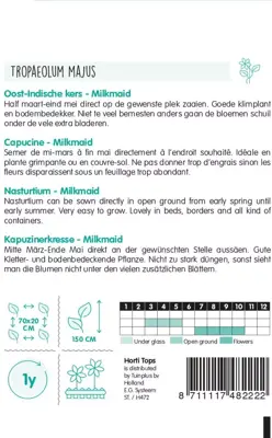Horti tops zaden Tropaeolum, Oost-Indische kers Milkmaid - afbeelding 2