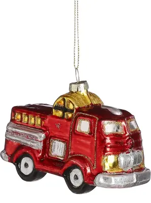 House of Seasons glazen kerst ornament brandweerauto 7.5cm rood 