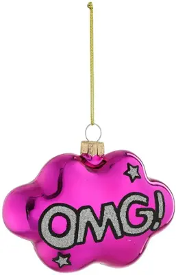 House of Seasons glazen kerst ornament tekst 'omg!' 10.5cm paars 