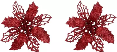 House of Seasons kunststof kerst ornament poinsettia op clip 10.5cm rood 2 stuks
