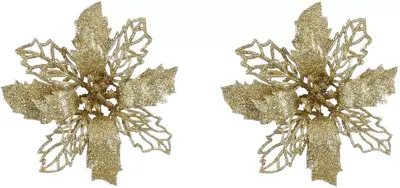 House of Seasons kunststof kerst ornament poinsettia op clip 10.5cm goud 2 stuks
