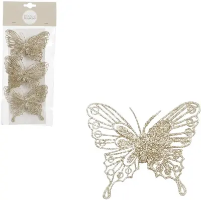 House of Seasons kunststof kerst ornament vlinder op clip 10cm champagne 3 stuks