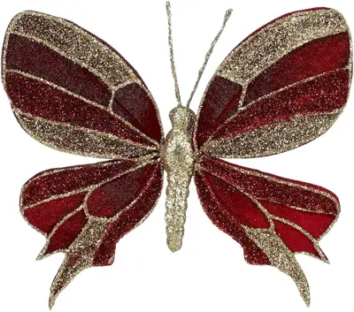 House of Seasons kunststof kerst ornament vlinder op clip 16cm rood