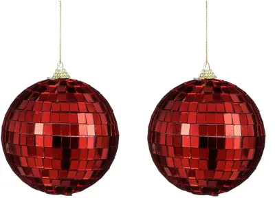 House of Seasons kunststof kerstbal discobal 10cm rood 2 stuks