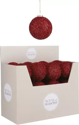 House of Seasons kunststof kerstbal tinsel 10cm rood - afbeelding 1