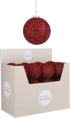 House of Seasons kunststof kerstbal tinsel 10cm rood - afbeelding 2