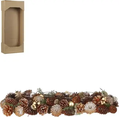 House of Seasons theelichthouder dennenappel tafelstuk 54x16.5x9cm lichtbruin