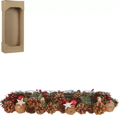 House of Seasons theelichthouder dennenappel tafelstuk 54x16.5x9cm rood