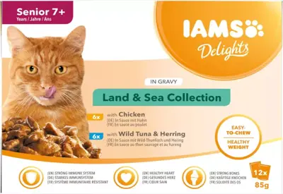 Iams Delights Senior Land & Sea Collection in saus multipack 12 x 85g