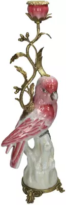 Kaarsenstandaard vogel fijn aardewerk roze 15,5x10x42cm