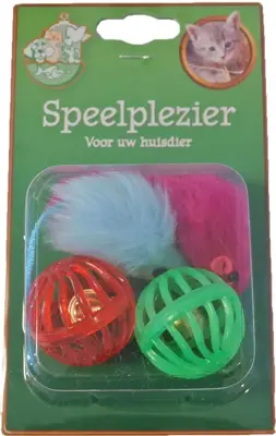 Kattenspeelgoed blister à 2 plastic bal en 2 bontmuis 5 cm