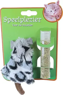 Kattenspeelgoed op kaart pluche muis grijs met catnip vulbaar, 15 cm. 
