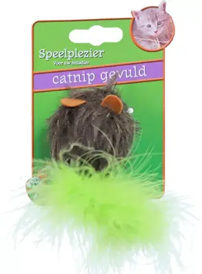 Kattenspeelgoed op kaart pluche muis met catnip en veren, 14 cm.  
