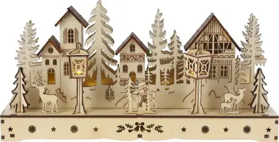 Kerstdiorama houten huis met LED-lampjes 30cm - afbeelding 2