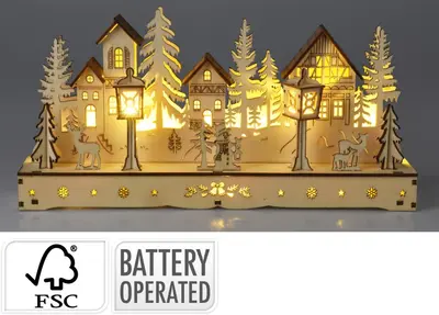 Kerstdiorama houten huis met LED-lampjes 30cm - afbeelding 3