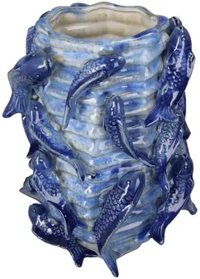Kersten bloempot vissen keramiek 23x26cm blauw - afbeelding 1