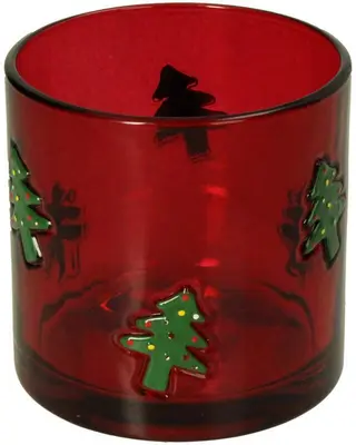 Kersten theelichthouder glas kerstboom 10x10cm rood - afbeelding 2