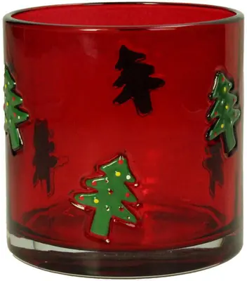 Kersten theelichthouder glas kerstboom 10x10cm rood - afbeelding 1