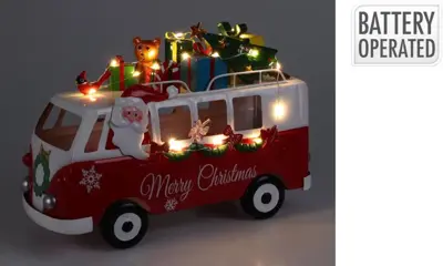 Kerstfiguur ijzer kerstman in busje led 31.5x11.5x22cm rood, wit